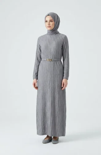 Bürümcük Kumaş Kuşaklı Elbise 2239-01 Gri