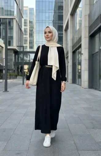 Bürümcük Kumaş Kuşaklı Elbise 2239-02 Siyah