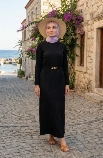 Bürümcük Kumaş Kuşaklı Elbise 2239-02 Siyah