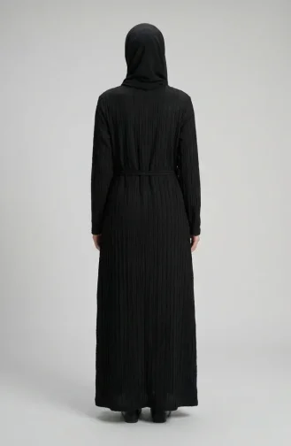 Bürümcük Kumaş Kuşaklı Elbise 2239-02 Siyah