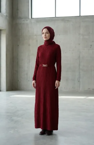 Bürümcük Kumaş Kuşaklı Elbise 2239-04 Bordo