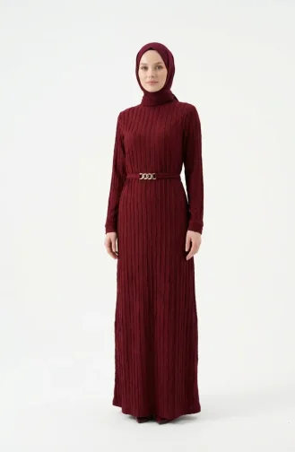 Bürümcük Kumaş Kuşaklı Elbise 2239-04 Bordo