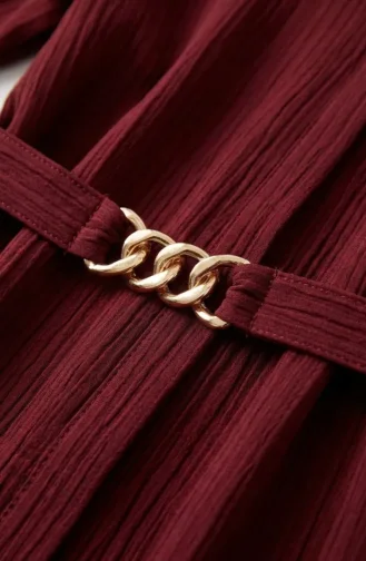 Bürümcük Kumaş Kuşaklı Elbise 2239-04 Bordo