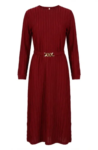 Bürümcük Kumaş Kuşaklı Elbise 2239-04 Bordo