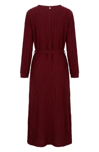 Bürümcük Kumaş Kuşaklı Elbise 2239-04 Bordo
