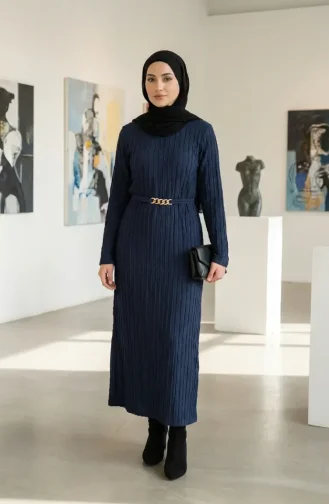 Bürümcük Kumaş Kuşaklı Elbise 2239-05 Lacivert
