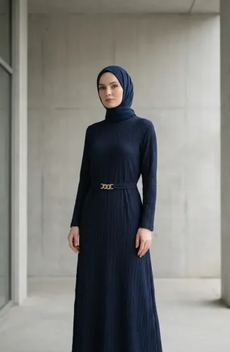 Bürümcük Kumaş Kuşaklı Elbise 2239-05 Lacivert