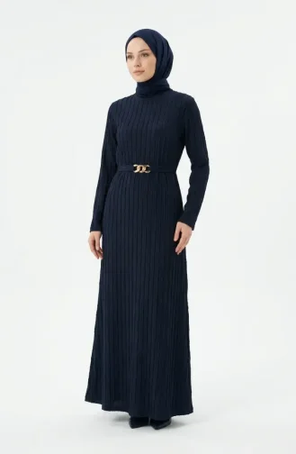 Bürümcük Kumaş Kuşaklı Elbise 2239-05 Lacivert