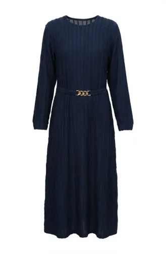 Bürümcük Kumaş Kuşaklı Elbise 2239-05 Lacivert