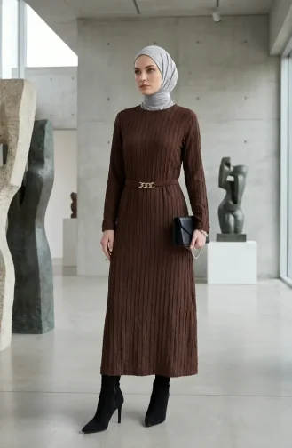 Bürümcük Kumaş Kuşaklı Elbise 2239-06 Kahverengi