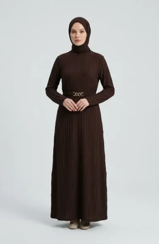 Bürümcük Kumaş Kuşaklı Elbise 2239-06 Kahverengi