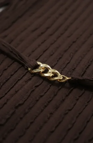 Bürümcük Kumaş Kuşaklı Elbise 2239-06 Kahverengi