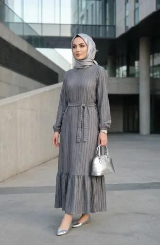 Büzgülü Dokulu Kuşaklı Elbise 2242-05 Gri
