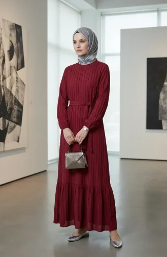 Büzgülü Dokulu Kuşaklı Elbise 2242-06 Bordo