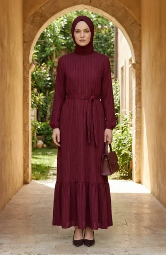 Büzgülü Dokulu Kuşaklı Elbise 2242-06 Bordo