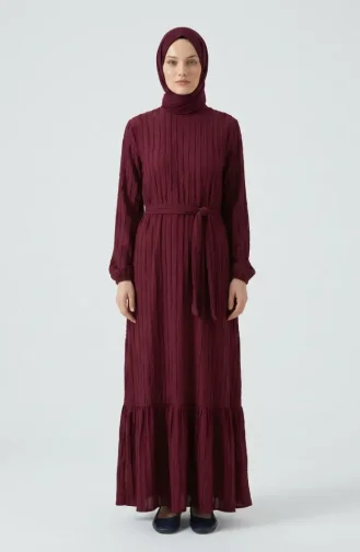 Büzgülü Dokulu Kuşaklı Elbise 2242-06 Bordo
