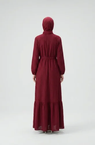 Büzgülü Dokulu Kuşaklı Elbise 2242-06 Bordo