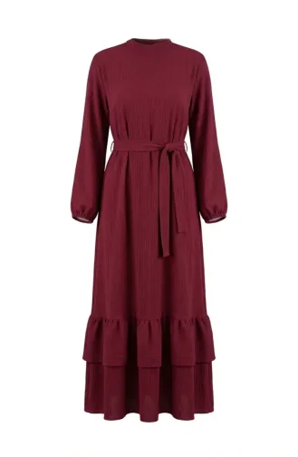 Büzgülü Dokulu Kuşaklı Elbise 2242-06 Bordo
