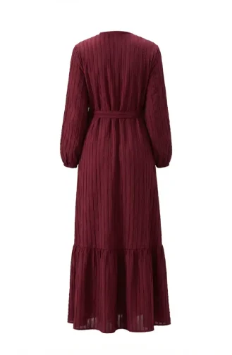 Büzgülü Dokulu Kuşaklı Elbise 2242-06 Bordo