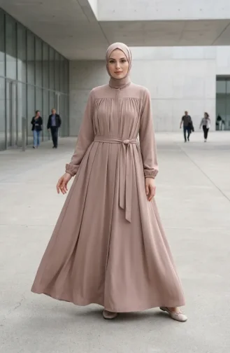 Robe-Drawn Abaya Mit Elastischen Ärmeln 5084-05 Nerz 5084-05