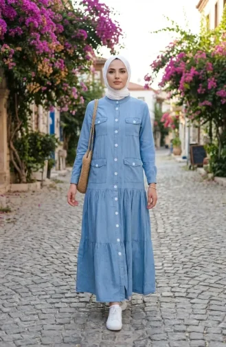 Boydan Düğmeli Cepli Kot Elbise 33020-02 Açık Mavi