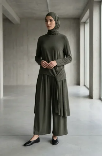 Oysho Kumaş Düğüm Detaylı ikili Takım 5111-02 Haki
