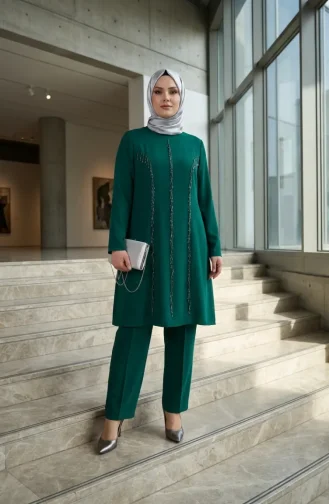 طقم من قطعتين مطرزتين بمقاسات كبيرة، لون أخضر زمردي، رقم الموديل 6290-04 6290-04