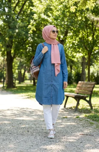 Full-Length Buttoned Denim Tunic 0210-01 Blue 0210-01