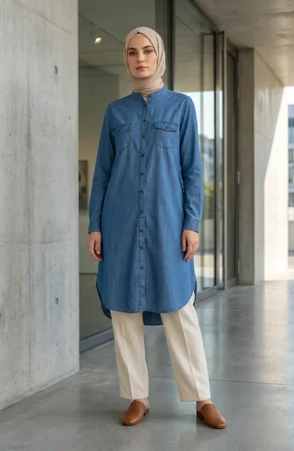 Full-Length Buttoned Denim Tunic 0210-01 Blue 0210-01