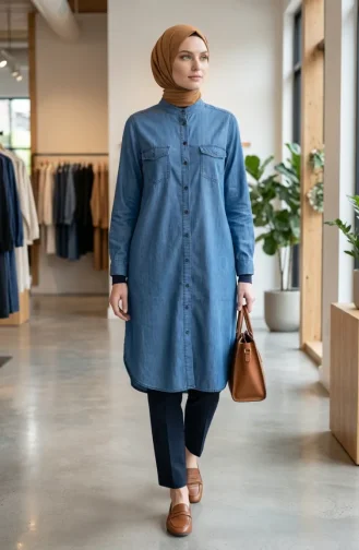 Full-Length Buttoned Denim Tunic 0210-01 Blue 0210-01