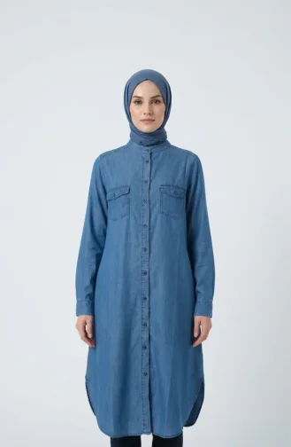 Full-Length Buttoned Denim Tunic 0210-01 Blue 0210-01