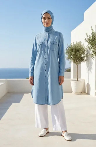 تونيك جينز طويل بأزرار 0210-02 أزرق فاتح 0210-02