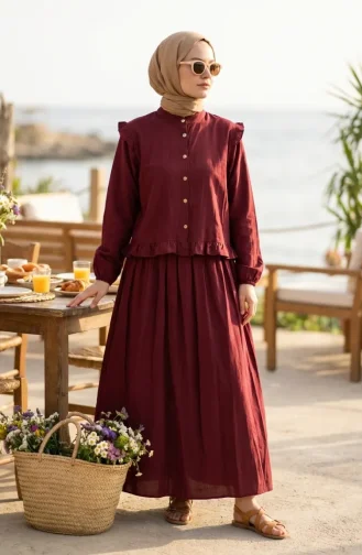 Fırfır Detaylı Önü Düğmeli ikili Takım 0248-06 Bordo