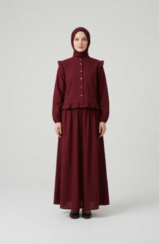 Fırfır Detaylı Önü Düğmeli ikili Takım 0248-06 Bordo