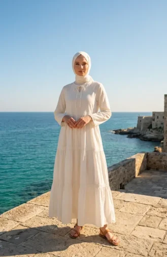Robe Longue à Manches Longues Et Volants Şile Fabric 7980-04 Crème 7980-04