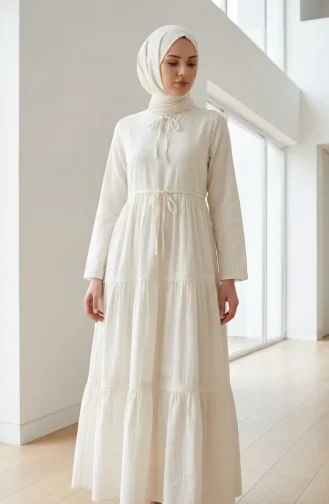 Robe Longue à Manches Longues Et Volants Şile Fabric 7980-04 Crème 7980-04