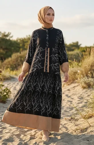 فستان حجاب من الفسكوز بنقشة ألاكاتي وأزرار، أسود، رقم الموديل 2198-05 2198-05