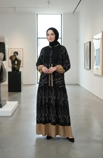 فستان حجاب من الفسكوز بنقشة ألاكاتي وأزرار، أسود، رقم الموديل 2198-05 2198-05