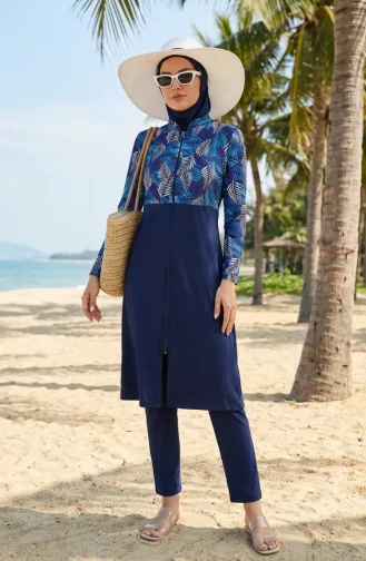 Zip-up Modest Swimsuit 2603-02 Navy Blue 2603-02