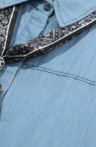 Tunique En Jean Avec Détail Foulard 12119-01 Bleu Glacier 12119-01