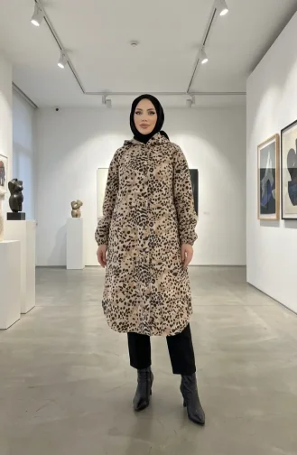 معطف كشمير بنقشة جلد النمر مع أزرار وغطاء رأس 0226-06 من فرو المنك البيج 0226-06