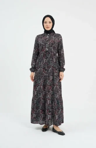 فستان منقوش 0352-05 أسود 0352-05