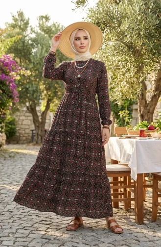فستان فيسكوز منقوش بأزرار 0441-01 أسود أحمر 0441-01