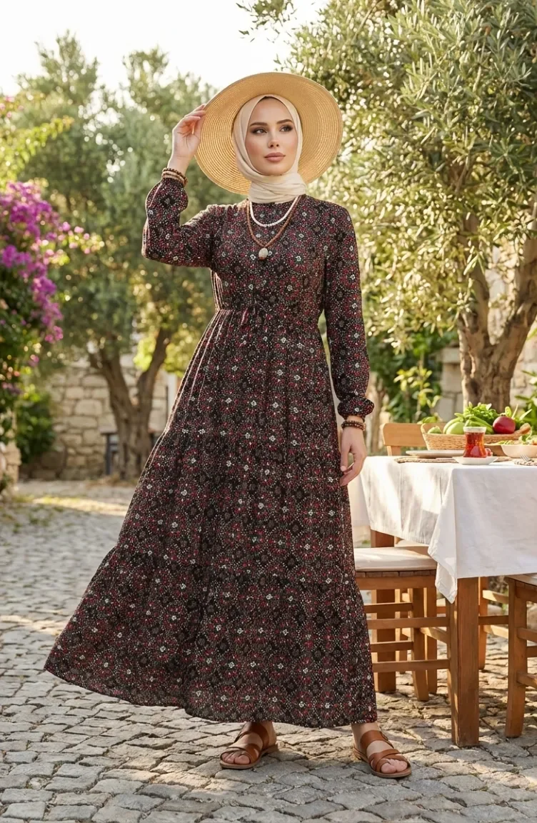 فستان فيسكوز منقوش بأزرار 0441-01 أسود أحمر 0441-01