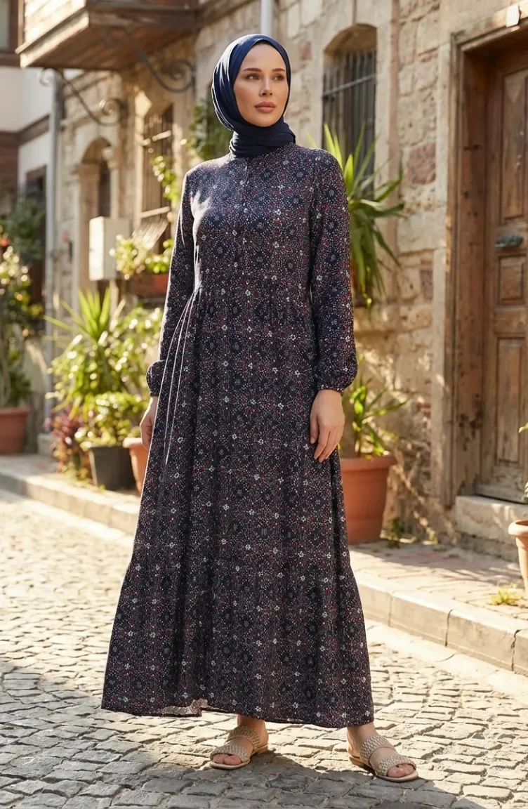 فستان فيسكوز منقوش بأزرار 0441-02 كحلي أحمر غامق 0441-02