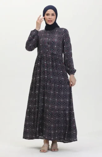 فستان فيسكوز منقوش بأزرار 0441-02 كحلي أحمر غامق 0441-02