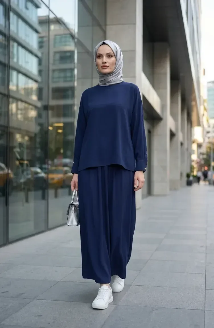 Buttoned Sleeve Tunic And Skirt Two-Piece Set 0246-01 Navy Blue 0246-01