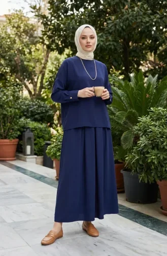 Buttoned Sleeve Tunic And Skirt Two-Piece Set 0246-01 Navy Blue 0246-01
