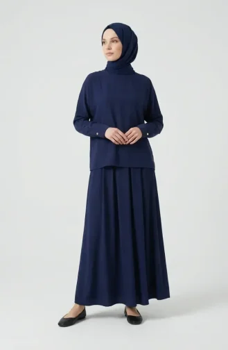 Buttoned Sleeve Tunic And Skirt Two-Piece Set 0246-01 Navy Blue 0246-01