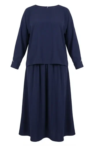 Buttoned Sleeve Tunic And Skirt Two-Piece Set 0246-01 Navy Blue 0246-01